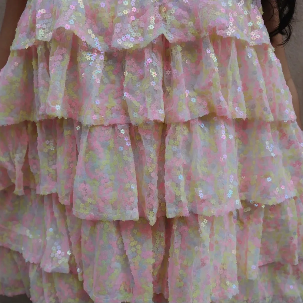MABLE MARIAM MINI DRESS sequins ruffles sparkly size Small pink yellow pastel - Picture 13 of 15